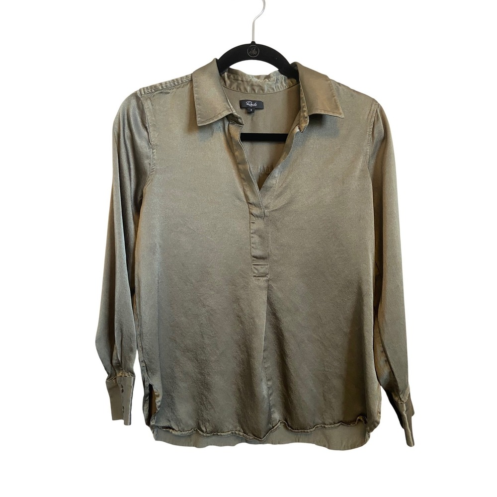 Rails Nissa Olive Green Satin Split Neck Long Sleeve Blouse Top Small